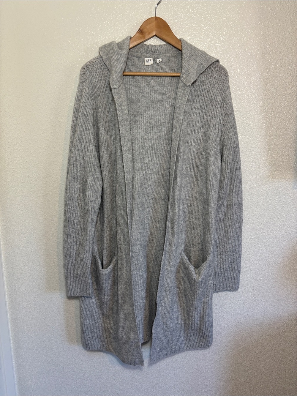 Gap Women’s Maxi Open Front Knit Hooded Heather Gray Cardigan Size M Wool Blend